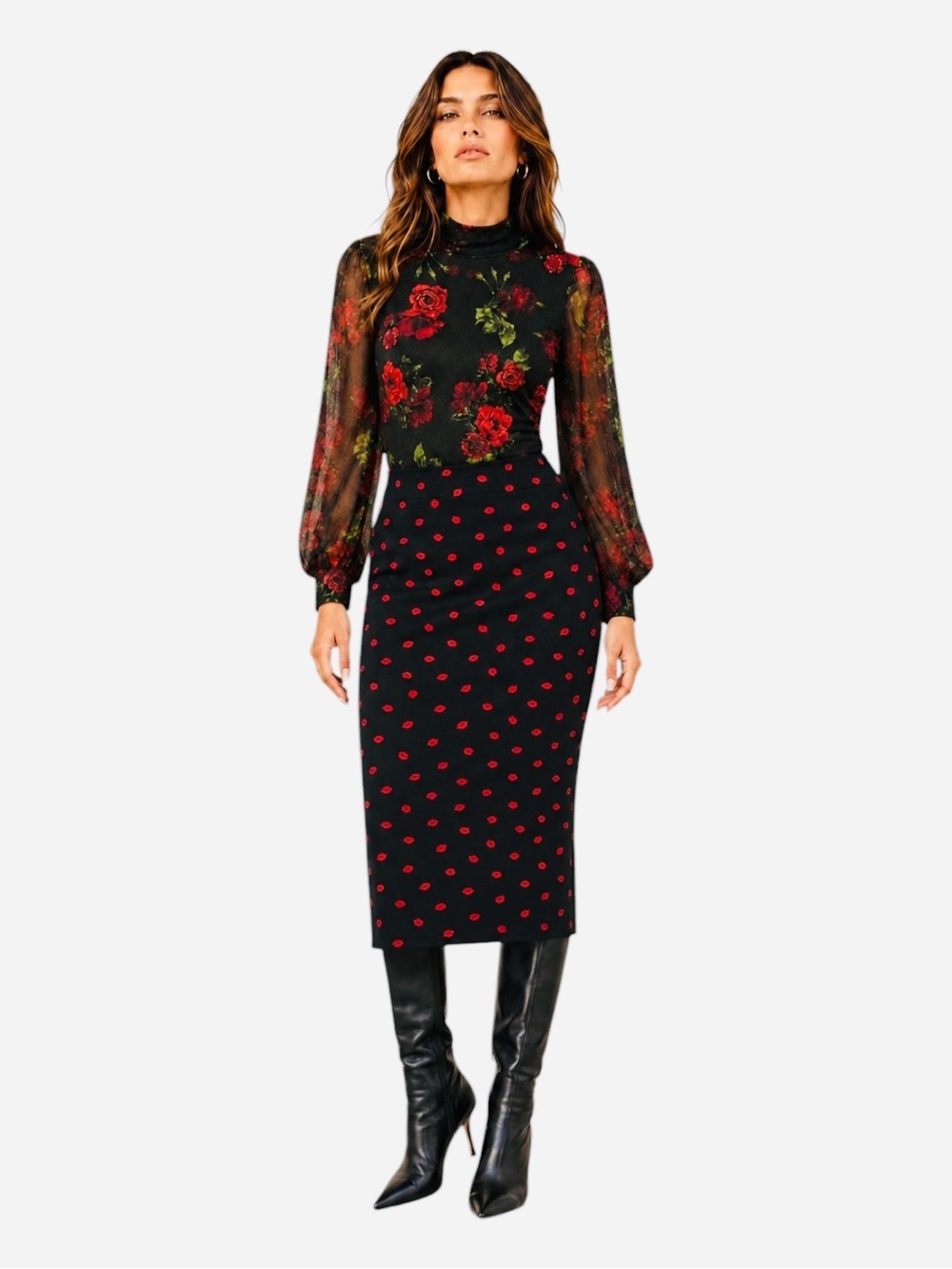 H & M Black Red Lip Print Midi Pencil Skirt | Novelty Statement Style | Medium